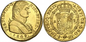 1809. Fernando VII. Santiago. FJ. 8 escudos. (Cal. 113) (Cal.Onza 1343). 26,97 g. Busto almirante. Hojitas en reverso. Rara. (MBC+).