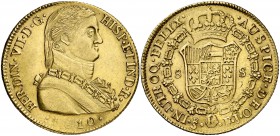 1810. Fernando VII. Santiago. FJ. 8 escudos. (Cal. 114) (Cal.Onza 1346). 26,95 g. Busto almirante. Bella. Precioso color. Rara así. EBC/EBC+.