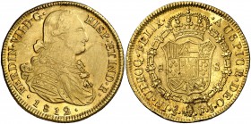 1812. Fernando VII. Santiago. FJ. 8 escudos. (Cal. 118) (Cal.Onza 1352). 26,92 g. Levísimas hojitas. Precioso color. Parte de brillo original. MBC+.