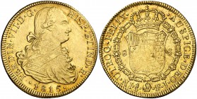 1815. Fernando VII. Santiago. FJ. 8 escudos. (Cal. 123) (Cal.Onza 1359). 26,91 g. Leves rayitas de acuñación. Bonito color. (MBC+).
