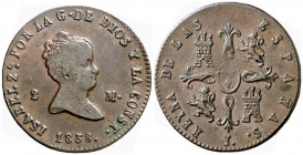 1838. Isabel II. Jubia. 2 maravedís. (Cal. 539). 2,64 g. Marca de ceca: J. Escasa. MBC/MBC+.