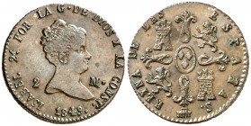 1849/39. Isabel II. Segovia. 2 maravedís. (Cal. 561 var). 2,19 g. Rara sobrefecha. EBC-/EBC.