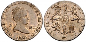 1850. Isabel II. Segovia. 2 maravedís. (Cal. 563). 2,23 g. EBC.