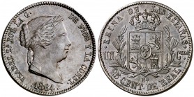 1864. Isabel II. Barcelona. 25 céntimos de real. (Cal. 588). 9,21 g. Golpecitos. Rara. MBC+.