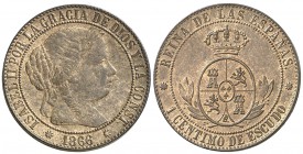 1866. Isabel II. Barcelona. 1 céntimo de escudo. (Cal. 651). 2,48 g. Sin . Escasa. EBC-/EBC.