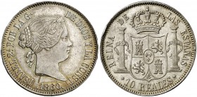 1860. Isabel II. Madrid. 10 reales. (Cal. 229). 12,88 g. Rayita y leves marquitas. Bonito color. Escasa así. EBC.