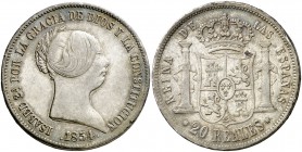 1854. Isabel II. Sevilla. 20 reales. (Cal. 192). 25,78 g. Leves golpecitos. Pátina. Rara. MBC.