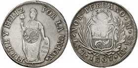 1837. Isabel II. Manila. M. 8 reales. (Cal. 451) (Kr. 138.2). 25,08 g. Resello Y.II bajo corona falso para circular por Filipinas. Buen ejemplar. MBC+...
