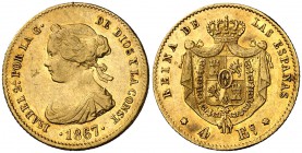 1867. Isabel II. Madrid. 4 escudos. (Cal. 111). 3,40 g. Leves marquitas. Parte de brillo original. MBC+.
