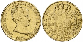 1839. Isabel II. Barcelona. PS. 80 reales. (Cal. 55). 6,64 g. Sirvió como joya. (MBC-).