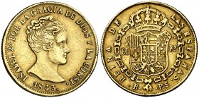1843. Isabel II. Barcelona. PS. 80 reales. (Barrera falta). 6,61 g. Falsa de época de fecha y ensayador imposibles. Rayitas. Rara. MBC.