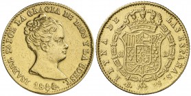 1844. Isabel II. Barcelona. PS. 80 reales. (Cal. 62). 6,72 g. Sirvió como joya. (MBC-).