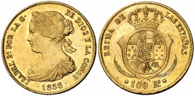 1858. Isabel II. Barcelona. 100 reales. (Cal 11). 8,38 g. Leves rayitas. Muy escasa. EBC-.