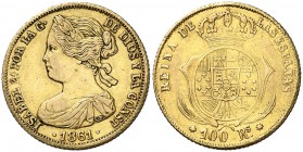1861. Isabel II. Barcelona. 100 reales. (Barrera falta). 8,29 g. Falsa de época en oro. (MBC)