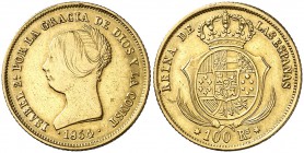 1854. Isabel II. Sevilla. 100 reales. (Cal. 32). 8,37 g. Escasa. MBC/MBC+.