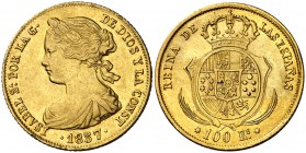 1857. Isabel II. Sevilla. 100 reales. (Cal. 35). 8,33 g. Leves golpecitos. MBC+.