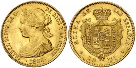 1865. Isabel II. Madrid. 10 escudos. (Cal. 43). 8,37 g. Rayitas. EBC-/EBC.