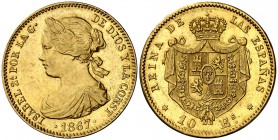 1867. Isabel II. Madrid. 10 escudos. (Cal. 45). 8,39 g. Leves golpecitos. Parte de brillo original. Escasa. EBC-/EBC.