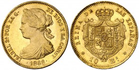 1868*1868. Isabel II. Madrid. 10 escudos. (Cal. 47). 8,43 g. Leves marquitas. Bella. EBC+.