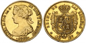 1868*1868. Isabel II. Madrid. 10 escudos. (Cal. 47). 8,41 g. Leves golpecitos. EBC-.