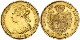 1868*1868. Isabel II. Madrid. 10 escudos. (Cal. 47). 8,40 g. Leves golpecitos. EBC-.