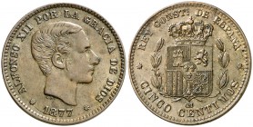 1877. Alfonso XII. Barcelona. . 5 céntimos. (Cal. 71). 5,07 g. Buen ejemplar. EBC-.