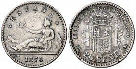 1870*70. Gobierno Provisional. SNM. 20 céntimos. (Cal. 22). 1 g. Levemente alabeada. Rara. (MBC).
