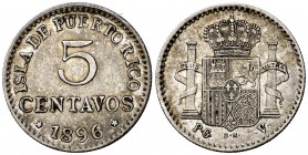 1896. Alfonso XIII. Puerto Rico. PGV. 5 centavos. (Cal. 86). 1,25 g. Escasa. MBC.
