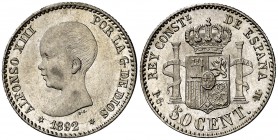 1892*92. Alfonso XIII. PGM. 50 céntimos. (Cal. 55). 2,50 g. Bella. Brillo original. S/C-.