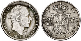 1884. Alfonso XII. Manila. 20 centavos. (Cal. 91). 4,98 g. Escasa. BC+.