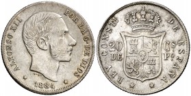 1884. Alfonso XII. Manila. 20 centavos. (Cal. 91). 5,09 g. Buen ejemplar. Escasa y más así. MBC+.
