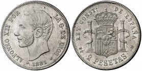 1881*1-81. Alfonso XII. MSM. 2 pesetas. (Cal. 48). 9,94 g. Leves marquitas. Bella. Brillo original. Rara así. EBC.