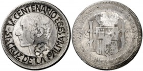 1882. Alfonso XII. 2 pesetas. 9,89 g. Contramarca león y "V centenario Sta. Cruz de la Palma 1993". (BC).