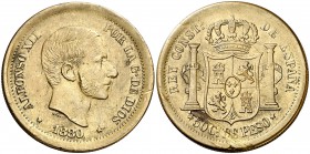 1880. Alfonso XII. Manila. 50 centavos. (Cal. falta). 13,09 g. Prueba en latón. Hoja en reverso. Escasa. (EBC-).