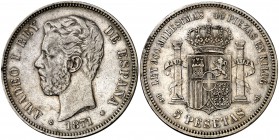 1871*1873. Amadeo I. DEM. 5 pesetas. (Cal. 9). 24,81 g. Leves golpecitos. Rara. MBC.