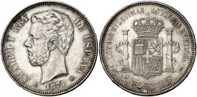 1871*1874. Amadeo I. DEM. 5 pesetas. (Cal. 10). 25,22 g. Leves golpecitos. Buen ejemplar. EBC-.