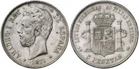 1871*1875. Amadeo I. DEM. 5 pesetas. (Cal. 12). 24,94 g. Leves golpecitos. Escasa. MBC+.