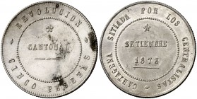 1873. Revolución Cantonal. Cartagena. 5 pesetas. (Cal. 6). 27,63 g. No coincidente. 100 perlas en anverso y 95 en reverso. Manchitas. Parte de brillo ...
