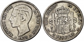1879*1-79. Alfonso XII. DEM. 5 pesetas. (Barrera 1209). 23,84 g. Falsa de época en plata. Rara. (MBC-).