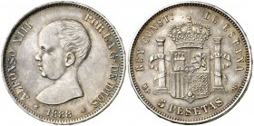 1888*1888. Alfonso XIII. MPM. 5 pesetas. (Cal. 13 var). 24,92 g. Busto acabado en pico. Limpiada. Pátina artificial. EBC-/EBC.