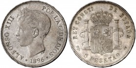 1896*1896. Alfonso XIII. PGV. 5 pesetas. (Cal. 25). 25 g. Leves golpecitos. Pátina. Parte de brillo original. EBC-.