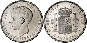 1899*1899. Alfonso XIII. SGV. 5 pesetas. (Cal. 28). 25,20 g. Leves rayitas. Bella. Brillo original. EBC+.