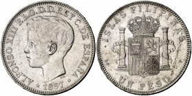 1897. Alfonso XIII. Manila. SGV. 1 peso. (Cal. 81). 24,74 g. Golpecitos. MBC.