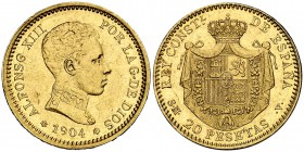 1904*1904. Alfonso XIII. SMV. 20 pesetas. (Cal. 8). 6,44 g. Tipo "cadete". Rayita. Bella. Muy rara y más así. EBC-/EBC.