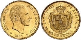 1881*1881. Alfonso XII. MSM. 25 pesetas. (Cal. 14). 8,08 g. Leves rayitas. EBC-.