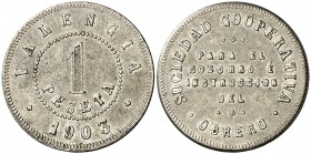 1903. Valencia. Sociedad Cooperativa. 1 peseta. 5,25 g. Escasa. MBC+.