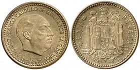 1947*1951. Estado Español. 1 peseta. (Cal. 79). 3,56 g. Ex Colección Hispania 26/10/2010, nº 293. Rara así. EBC+.