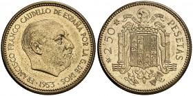 1953*1970. Estado Español. 2,50 pesetas. (Cal. 72). 6,74 g. Escasa. Proof.
