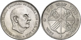 1966*1969. Estado Español. 100 pesetas. (Cal. 14). 19,02 g. Palo curvo. Escasa. EBC.