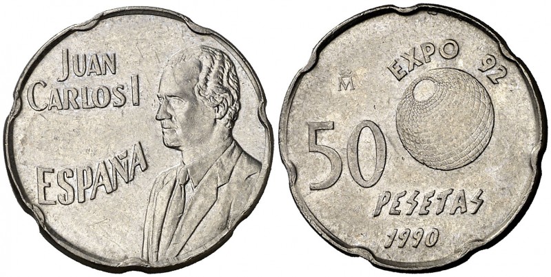1990. Juan Carlos I. 50 pesetas. (Cal. 68 var). 5,57 g. Error del pentógrafo. EB...